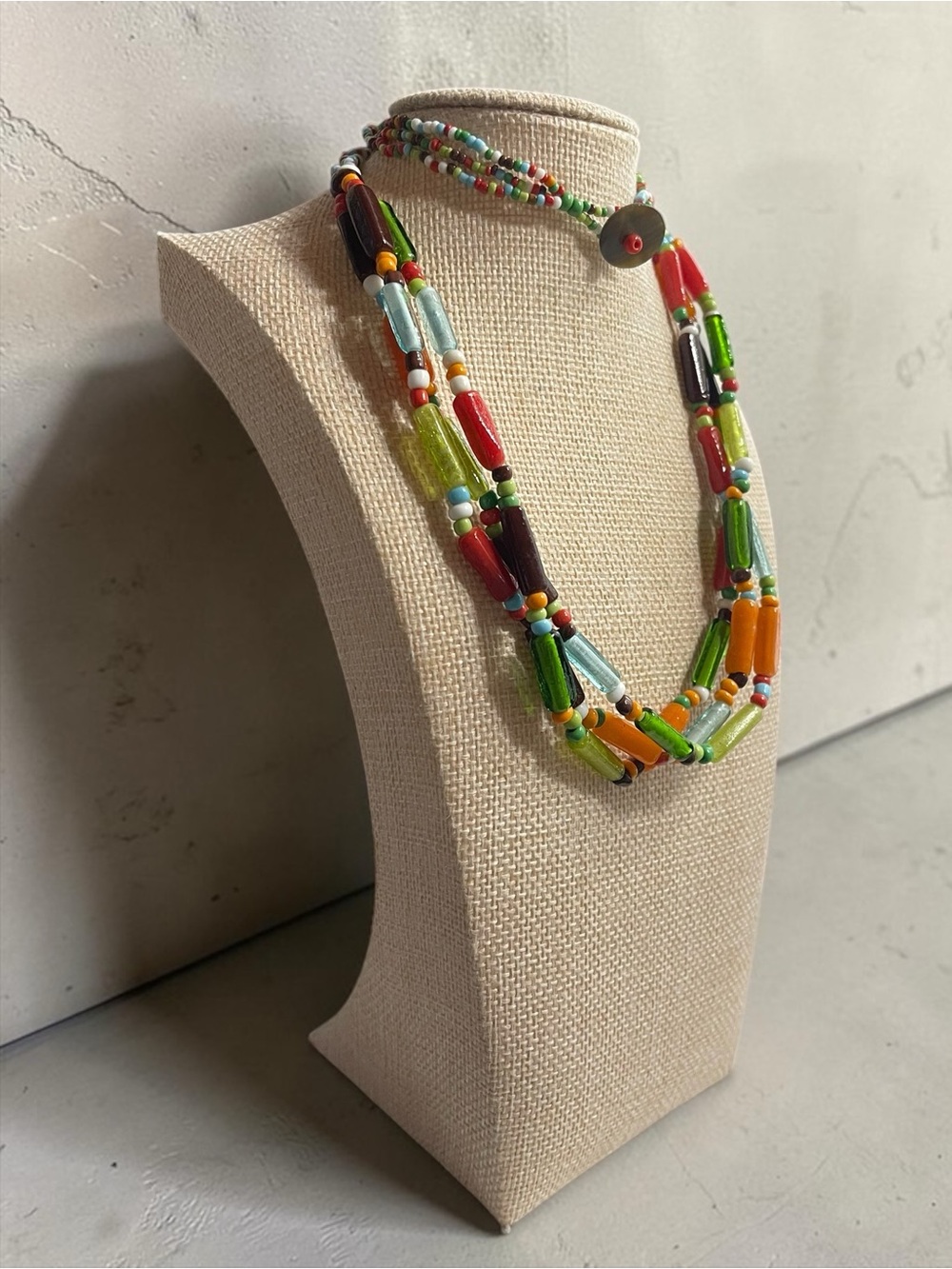 Vintage Multi Strand Glass Bead Necklace with Abalone Shell Button Closure